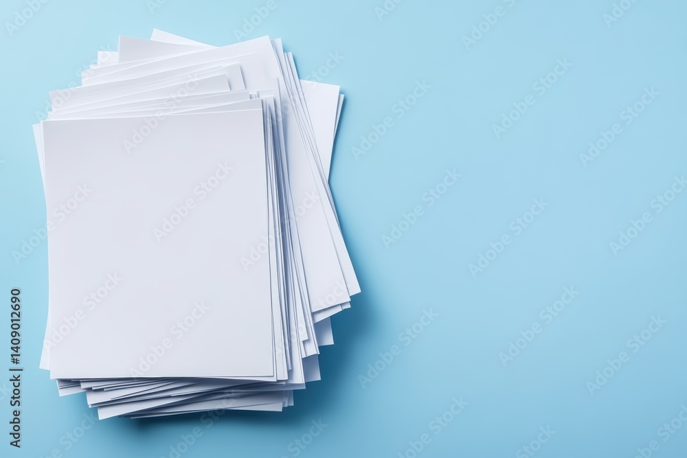 Poster a close-up view of a stack of white papers resting on a blue surface.