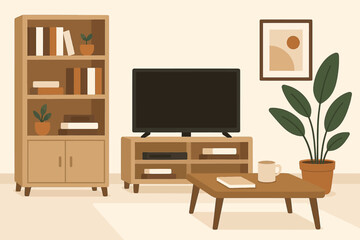 Flat home interior scene showing casual living area