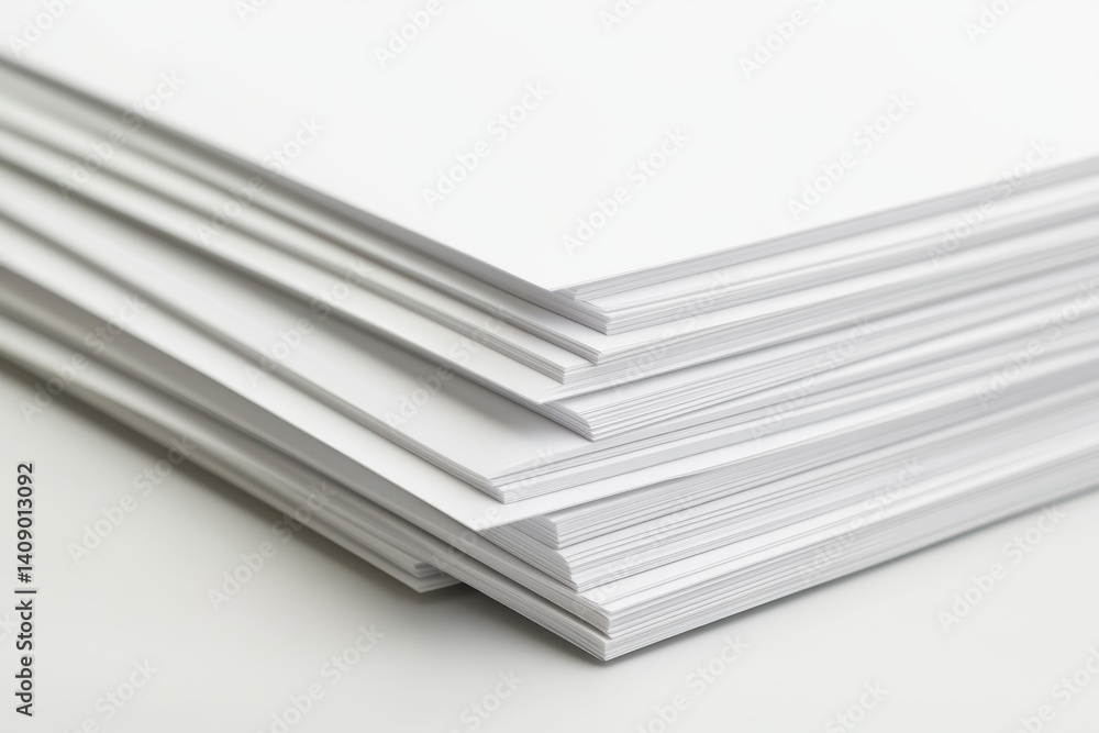 Poster a close-up view of a neat stack of white papers resting on a wooden table.
