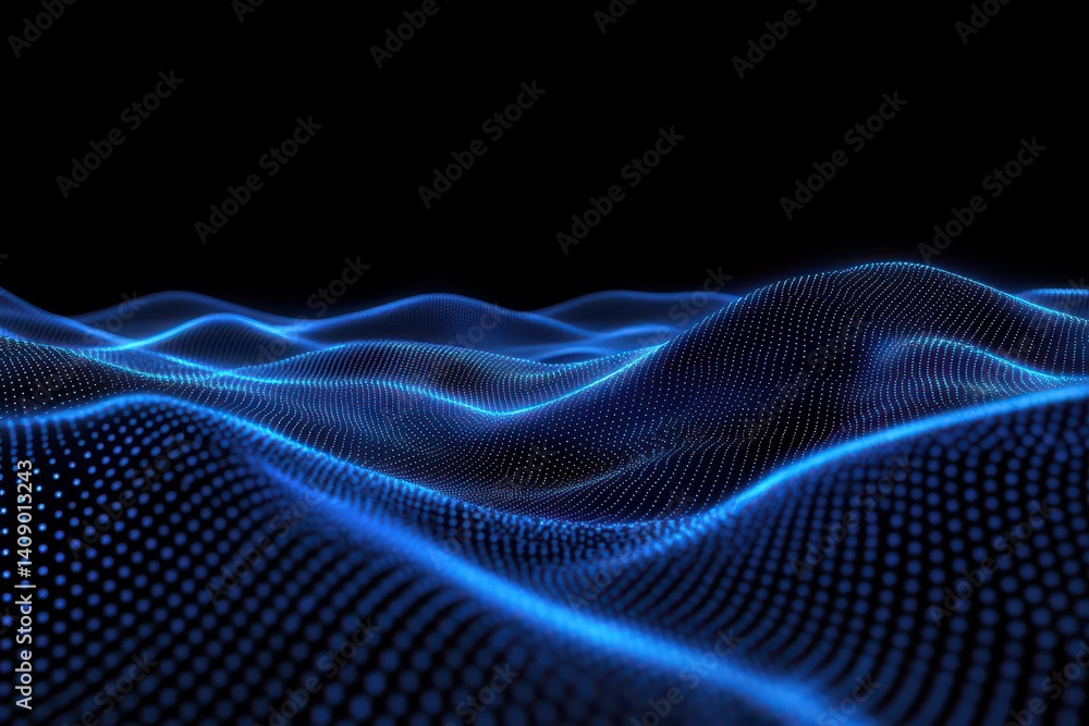 Poster abstract blue wave pattern made of dots on a black background with glowing lines highlighting the wa