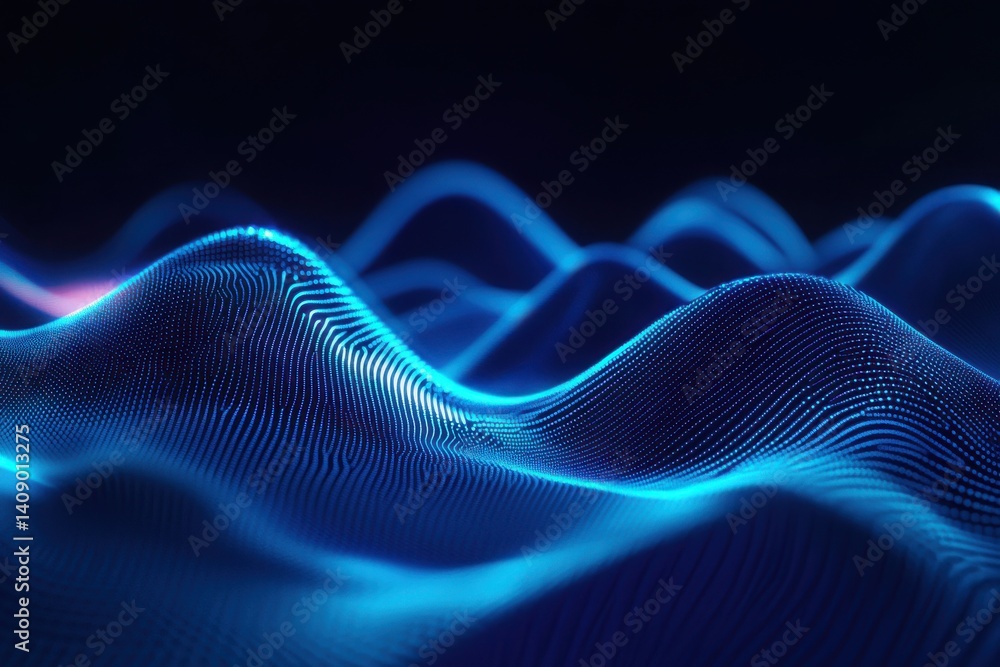 Poster abstract blue waves formed by lines and dots in a dark background with a futuristic look and feel