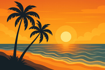 Flat tropical evening scene capturing warm coastal vibes
