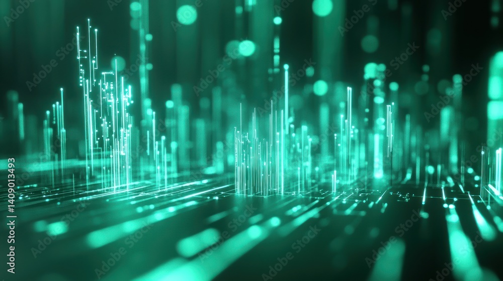 Poster futuristic digital landscape with glowing green lines and data streams, representing advanced techno