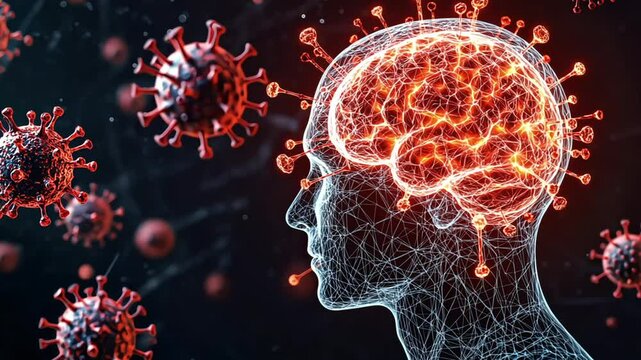 Human brain virus attack digital science health security data technology medical artificial intelligence infection