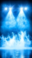 Fototapeta premium Aqua beams illuminate swirling mists above watery expanse, creating a stage