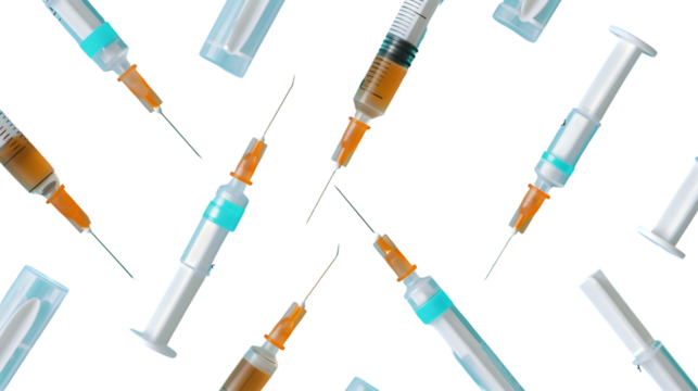 Medical ampules and syringe with needle on turquoise background for professional healthcare use