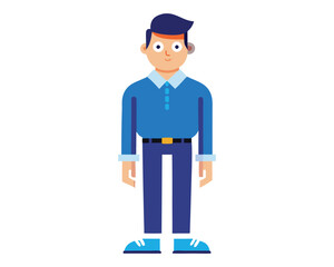 Character design, male figure, blue sweater, white collar, jeans, brown shoes, vector illustration on white background 