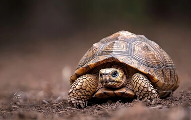 Obraz premium Close-Up of a Tortoise on Dark Brown Earth