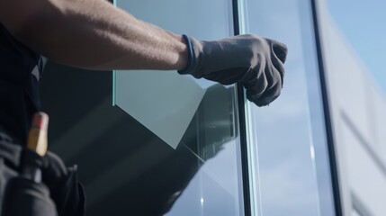Window installer sealing glass panels on a modern building. Featuring accuracy and durability