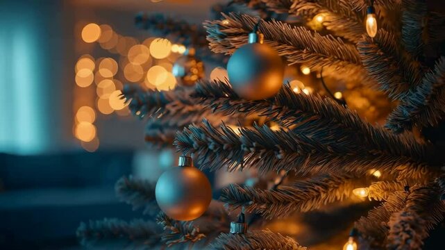 Close-up of Christmas tree with warm lights indoors