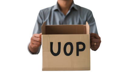 Professional Image of an Employee Being Fired or Resigning from a Company with a Hand Holding a Box of Personal Items