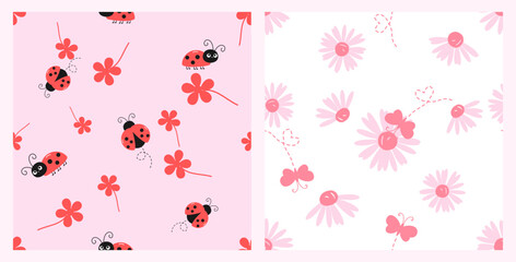 Seamless patterns with pink flower, lady birds cartoons, pink daisies and butterflies on pink and white backgrounds vector. Cute childish prints. © Thanawat