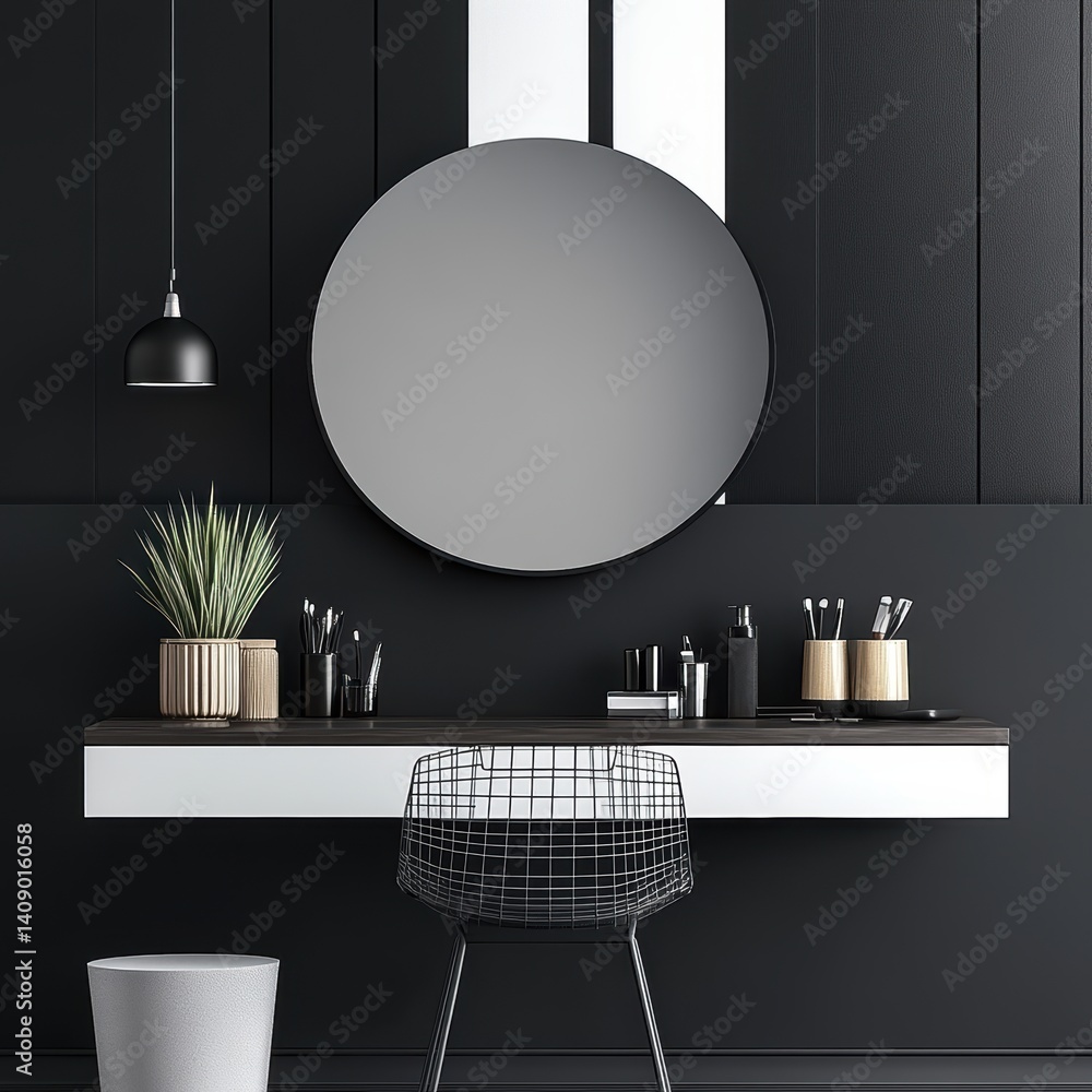 Poster a room features a mirror and a chair, creating a simple yet elegant space.