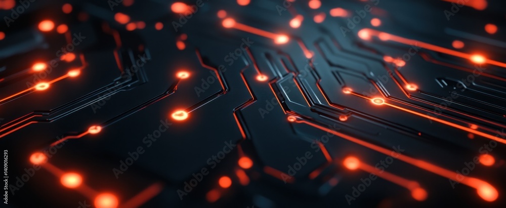 Poster this captivating image showcases an abstract circuit board design with glowing red nodes and intrica