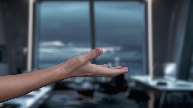 A hand posed in a modern office setting with digital graphics displaying increasing quality and decreasing cost, illustrating concepts of growth and efficiency. Auvana
