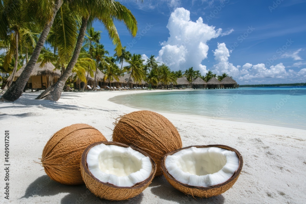 Poster coconuts on a sandy beach with a hut in the background under a clear sky.