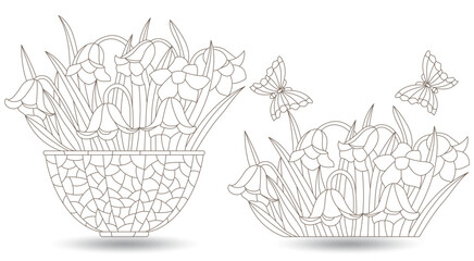 A set of contour illustrations in the style of stained glass with bouquets of bellflowers , dark outlines on a white background