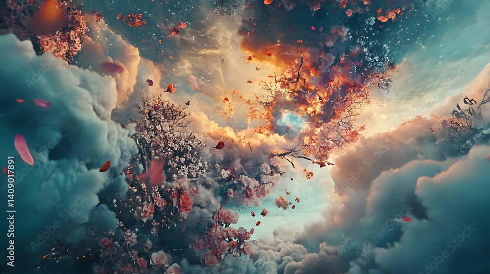 Poster abstract cloud explosion in sky with color particles against dark backdrop creating surreal dramatic