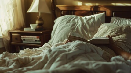 Picture of book recorded about science knowledge or fantasy literature written by writer. Educational textbook or entertainment documents for skillful person to relaxed read on bed in bedroom. AIG61. © Molly P