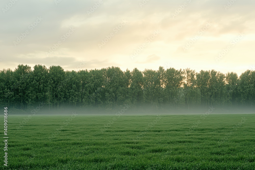 Poster foggy field with trees and grass creates a serene and tranquil atmosphere.