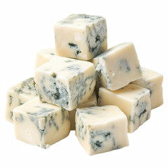 Cubes of blue cheese with mold marbling isolated on transparent background.