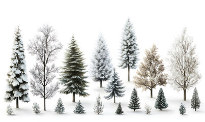 Obraz premium illustrations of various trees, leaves, grasses, and botanical elements on white background.