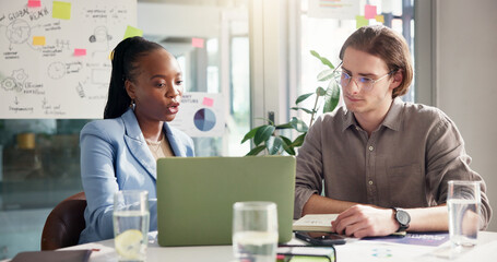 Teamwork, discussion or people with charts or laptop for social media statistics or business...