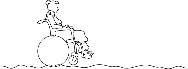 Continuous one line drawing man sitting in a wheelchair. Disabled person riding in a wheelchair