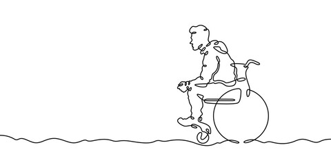 Continuous one line drawing man sitting in a wheelchair. Disabled person riding in a wheelchair