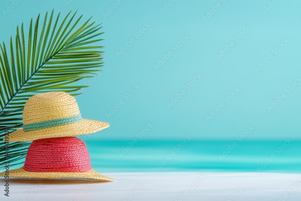 Poster a close-up view of a hat resting on a table beside the ocean.