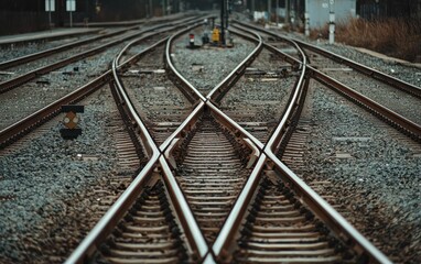 Naklejka premium Railway Intersection: A Network of Metal Tracks and Gravel