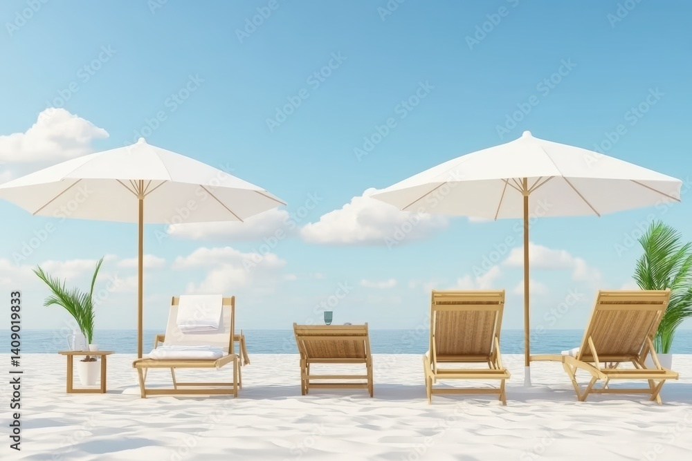 Poster three chairs and umbrellas are set on a beach under a palm tree, creating a relaxing scene.