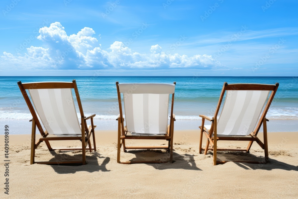 Poster three empty chairs on a beach with an ocean view create a serene and tranquil atmosphere.