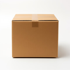 Brown Cardboard Box Closed with Packing Tape Isolated on White Background Plain
