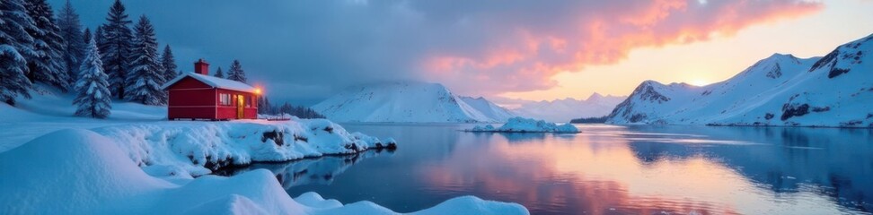 Research station at the edge of a frozen lake , scientific equipment, frozen tundra