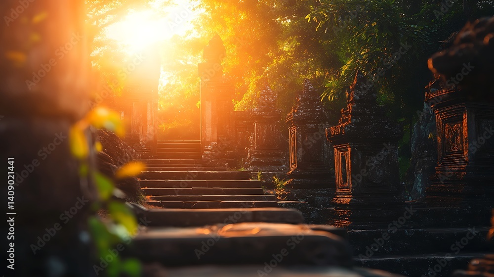 Poster ancient stone temple illuminated by warm sunset light through trees and structures in a historical s