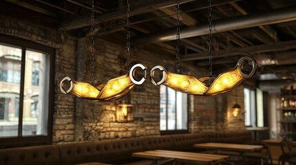 Obraz premium Industrial-style pendant lights illuminate a cozy restaurant