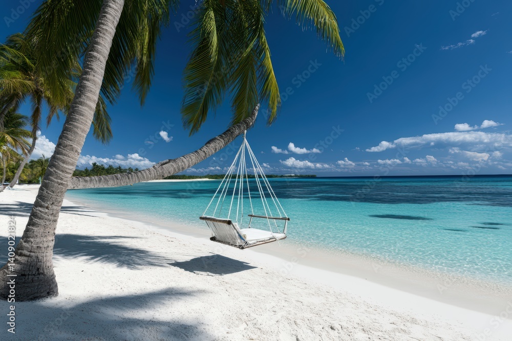 Poster hammock resting between palm trees on a serene beach setting.