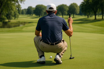 A golfer prepares to putt on a sunny day at a lush green golf course, showcasing focus and concentration as he lines up the shot, embodying the spirit of the game.
