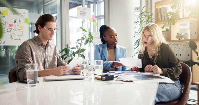 Documents, marketing strategy and meeting with business people in office for development or planning. Discussion, global reach and workflow with employee team in corporate workplace for collaboration