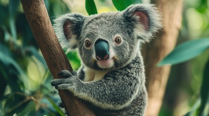 Obraz premium This charming koala is perched on a tree branch, showcasing its fluffy fur and curious expression amidst lush green leaves. A captivating sight.
