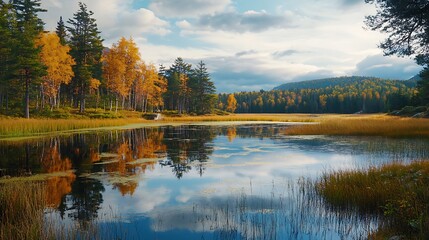 Fototapeta premium Autumnal Lakeside Landscape Scene With Tree Reflections Under Bright Blue Sky