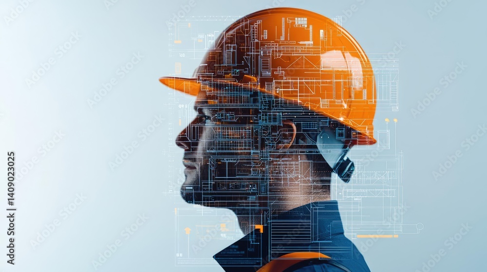 Aufkleber double exposure worker wearing safety helmet inside workshop concept. engineer with a digital overla