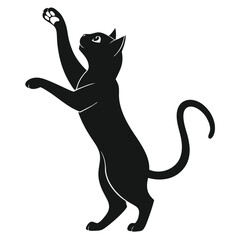Isolated Black Cat Silhouette Reaching Upwards with Playful Energy On White Backdrop