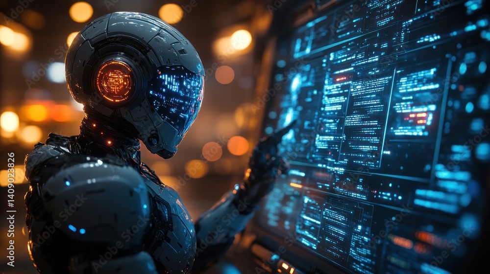 Poster futuristic robot interacting with a holographic interface