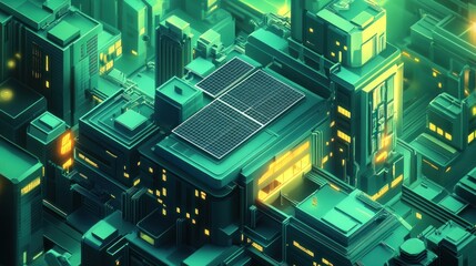 Fototapeta premium Green city, rooftop solar, night lights, energy
