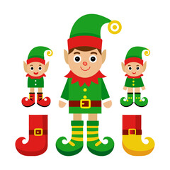 Christmas elf, santas helpers elves characters. Magic cute kids with gifts, xmas creatures for holiday workshop. New year nowaday vector clipart

