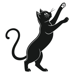 Silhouette of Black Cat Reaching Upward with Paw, Playful Feline Isolated on White