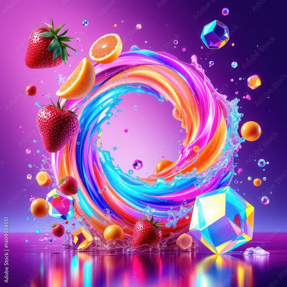 Poster A vibrant swirl of colorful liquids and fruits, creating a dynamic splash effect against a purple background.