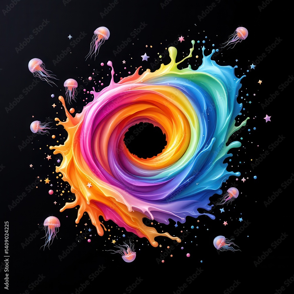 Poster A vibrant swirl of colorful paint forms a circular pattern, surrounded by playful jellyfish and stars against a black background.